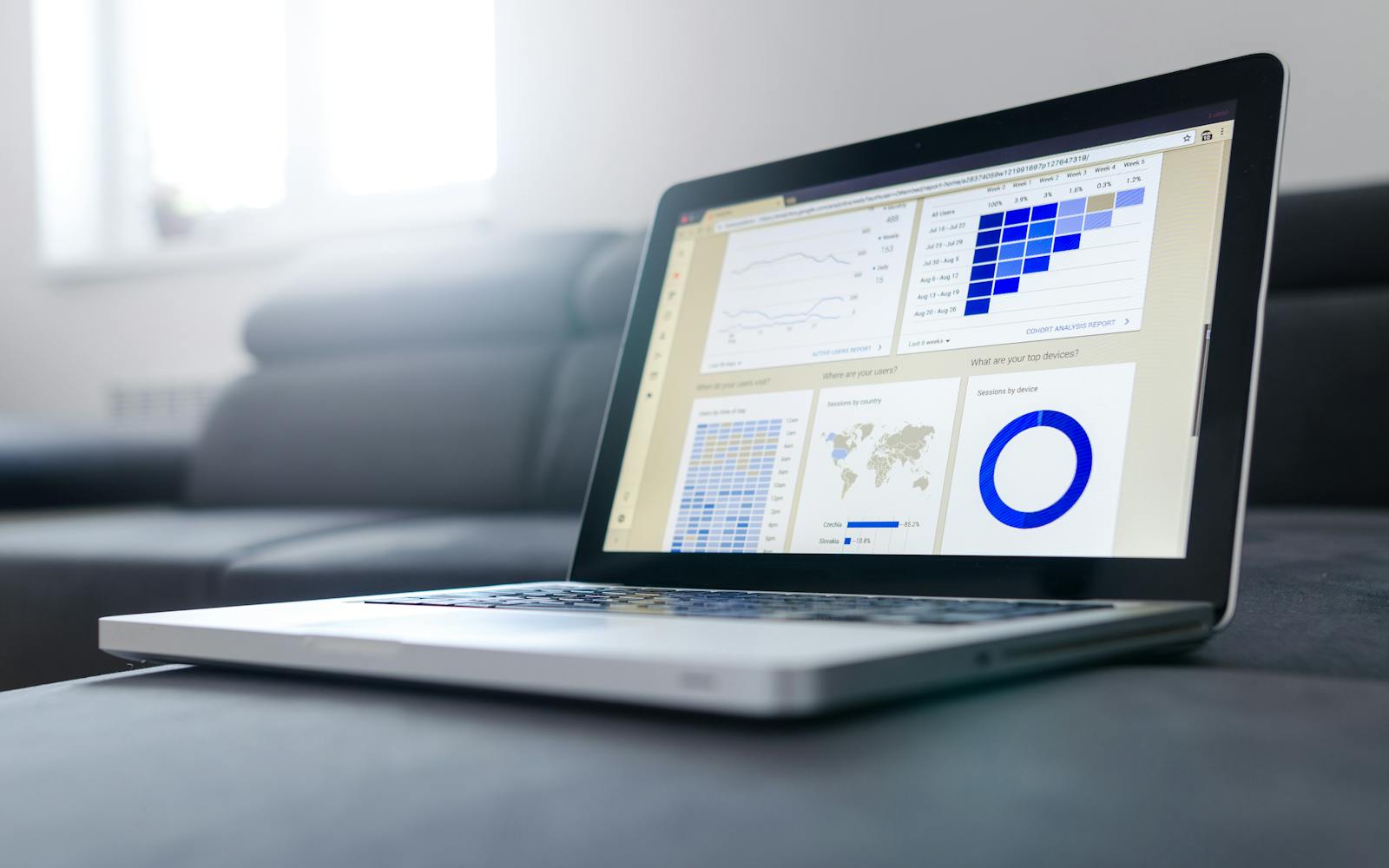 Laptop displaying a marketing analytics dashboard with charts and reports